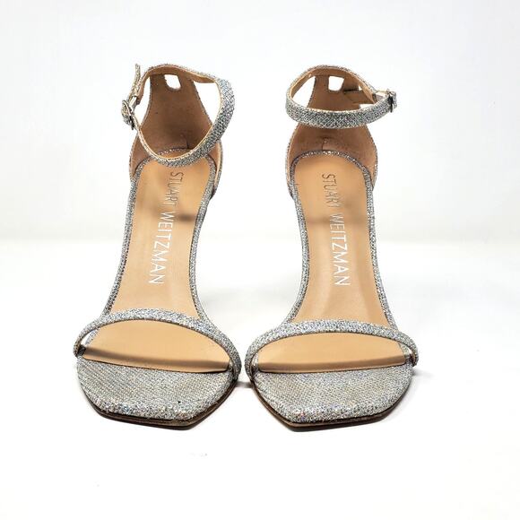 Stuart Weitzman Nudistcurve Glitter Ankle Strap Sandals Silver Crystal Size 8.5 - Picture 6 of 11